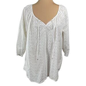 Chaps Eyelet Blouse White Popover V-Neck M Medium 3/4 Sleeve Cotton